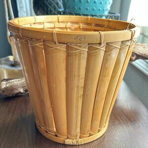 Vintage split reed Rattan and Bamboo planter waste basket trashcan